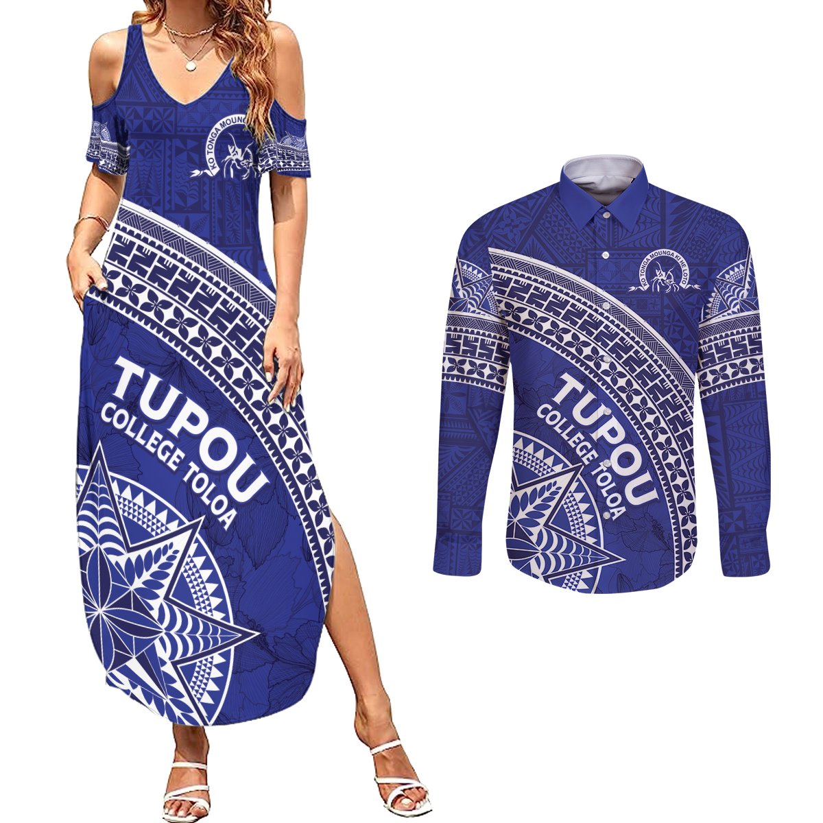 Tupou College Toloa Couples Matching Summer Maxi Dress and Long Sleeve Button Shirt Ngatu Tapa Mix Style LT7 Blue - Polynesian Pride