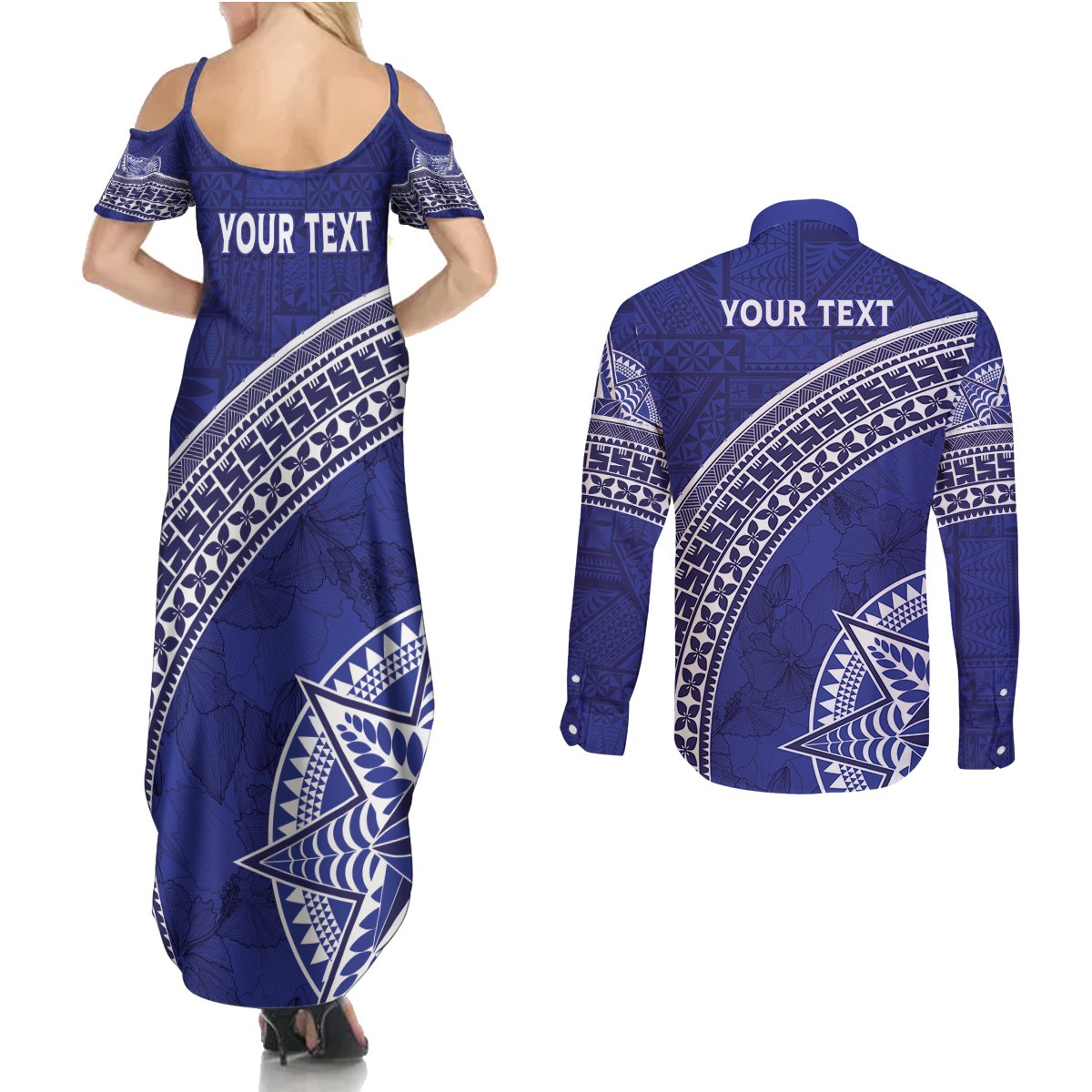 Tupou College Toloa Couples Matching Summer Maxi Dress and Long Sleeve Button Shirt Ngatu Tapa Mix Style LT7 - Polynesian Pride