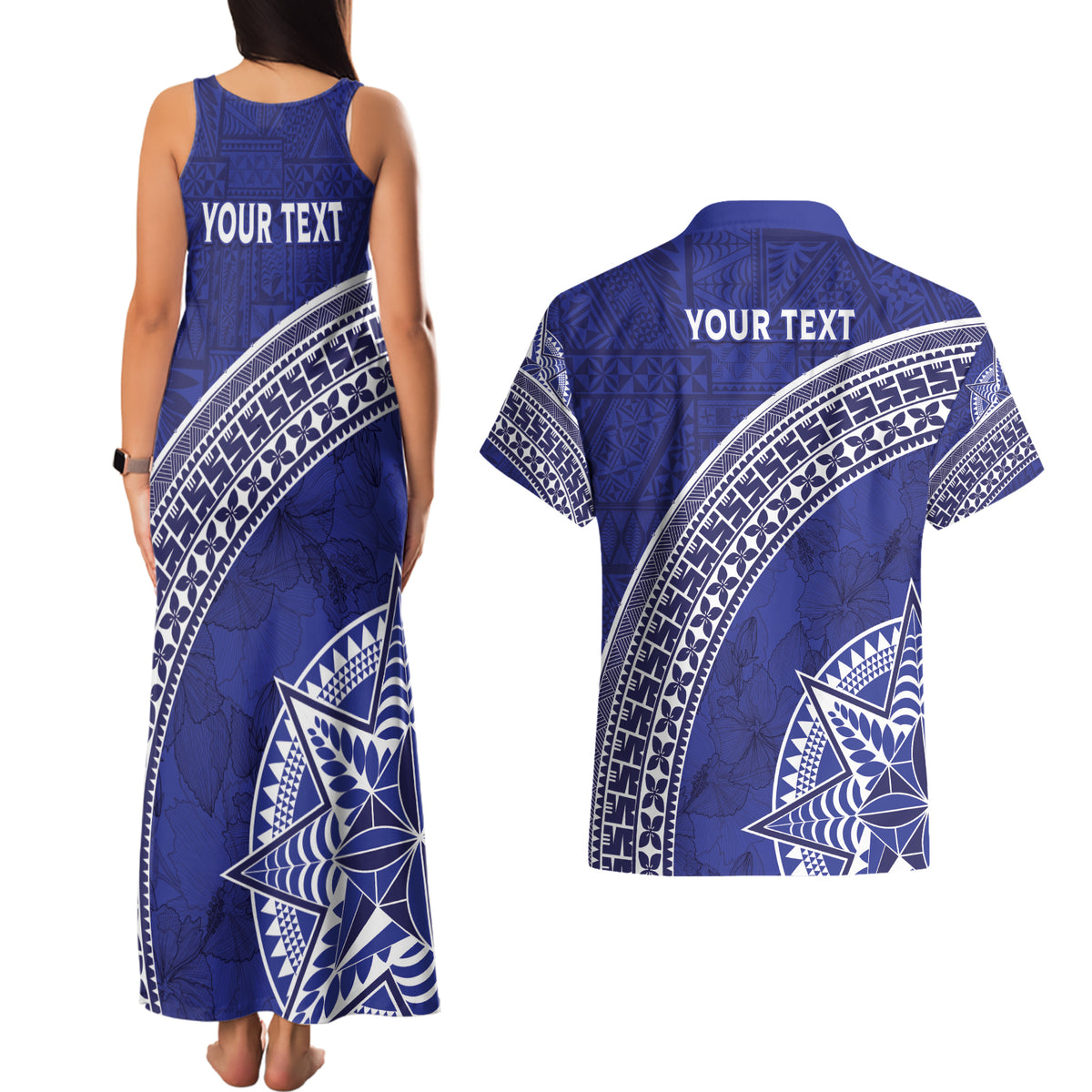 Tupou College Toloa Couples Matching Tank Maxi Dress and Hawaiian Shirt Ngatu Tapa Mix Style LT7 - Polynesian Pride