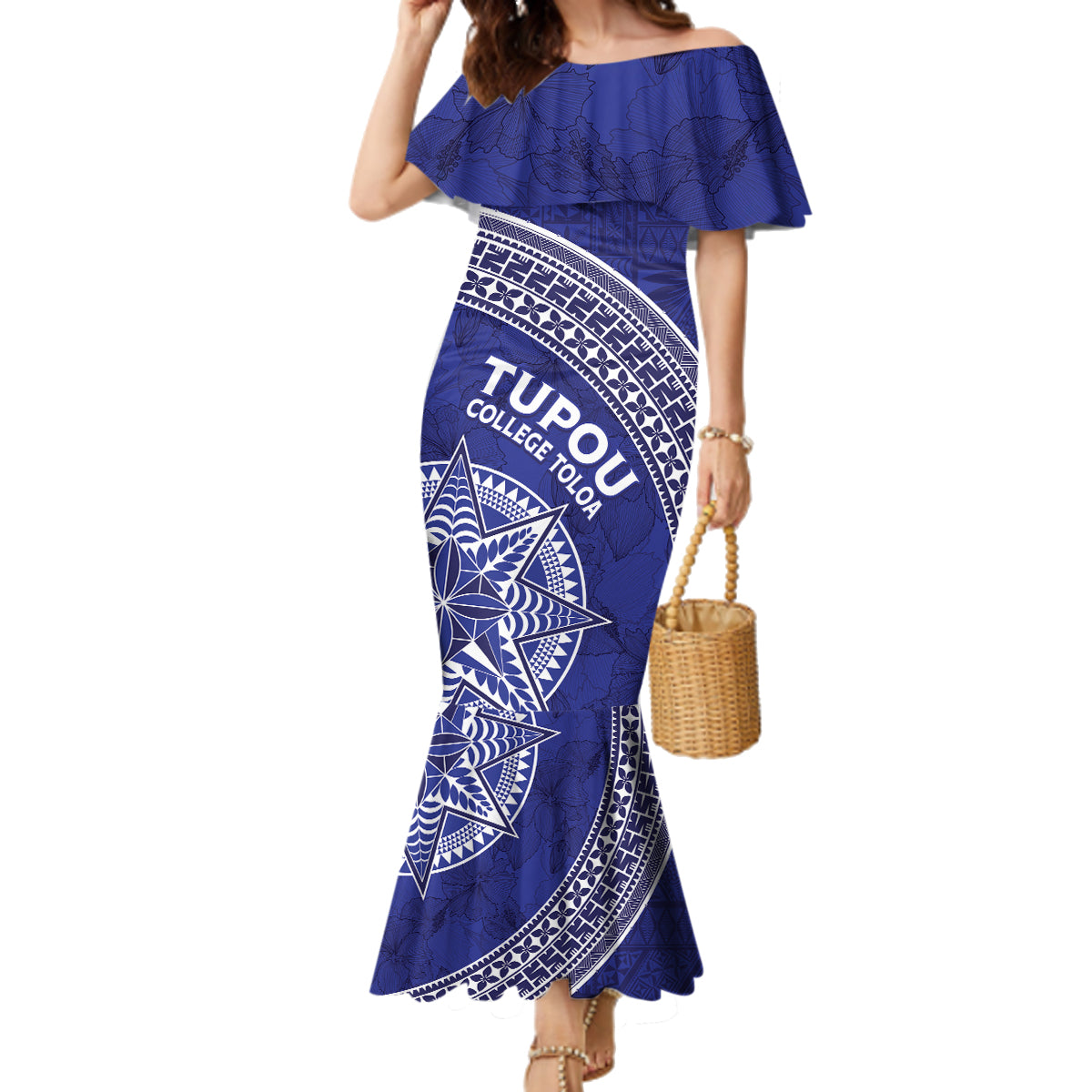 Tupou College Toloa Family Matching Mermaid Dress and Hawaiian Shirt Ngatu Tapa Mix Style LT7 Mom's Dress Blue - Polynesian Pride