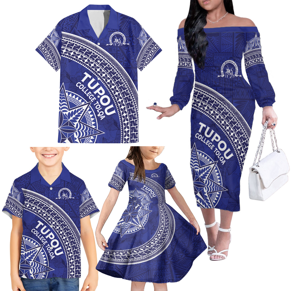Tupou College Toloa Family Matching Off The Shoulder Long Sleeve Dress and Hawaiian Shirt Ngatu Tapa Mix Style LT7 - Polynesian Pride