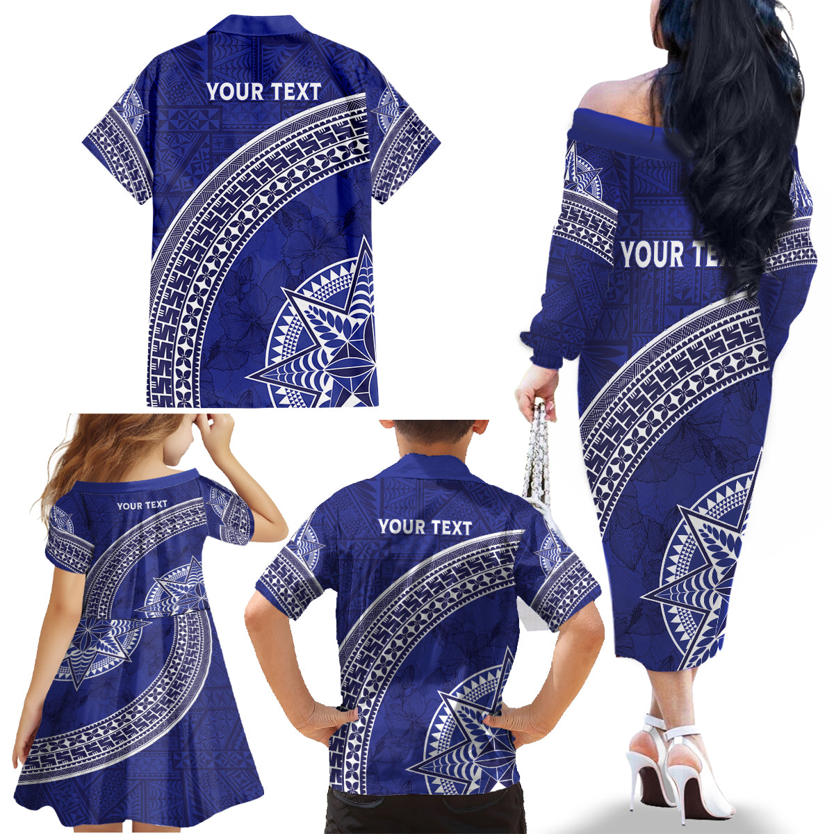 Tupou College Toloa Family Matching Off The Shoulder Long Sleeve Dress and Hawaiian Shirt Ngatu Tapa Mix Style LT7 - Polynesian Pride