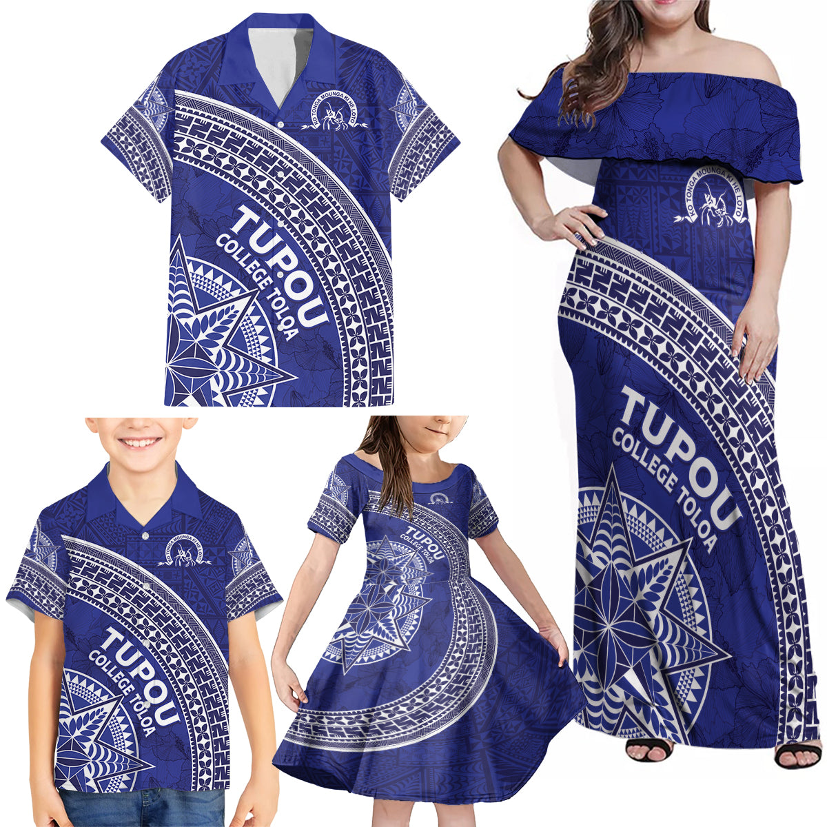 Tupou College Toloa Family Matching Off Shoulder Maxi Dress and Hawaiian Shirt Ngatu Tapa Mix Style LT7 - Polynesian Pride
