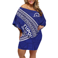 Tupou College Toloa Family Matching Off Shoulder Short Dress and Hawaiian Shirt Ngatu Tapa Mix Style LT7 Mom's Dress Blue - Polynesian Pride