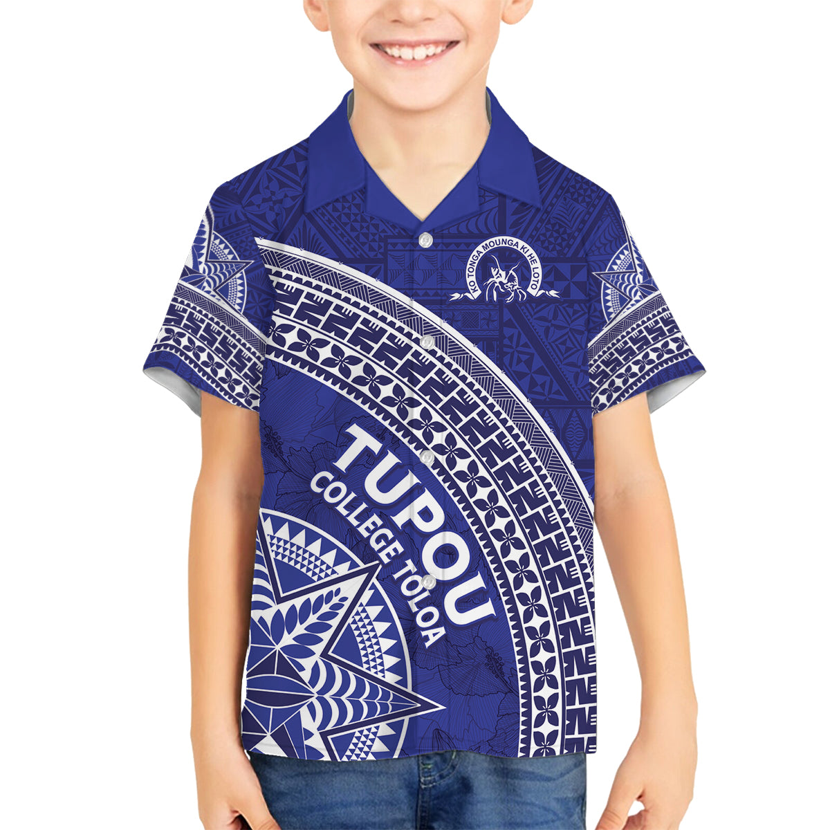 Tupou College Toloa Family Matching Off Shoulder Short Dress and Hawaiian Shirt Ngatu Tapa Mix Style LT7 Son's Shirt Blue - Polynesian Pride