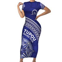 Tupou College Toloa Family Matching Short Sleeve Bodycon Dress and Hawaiian Shirt Ngatu Tapa Mix Style LT7 Mom's Dress Blue - Polynesian Pride