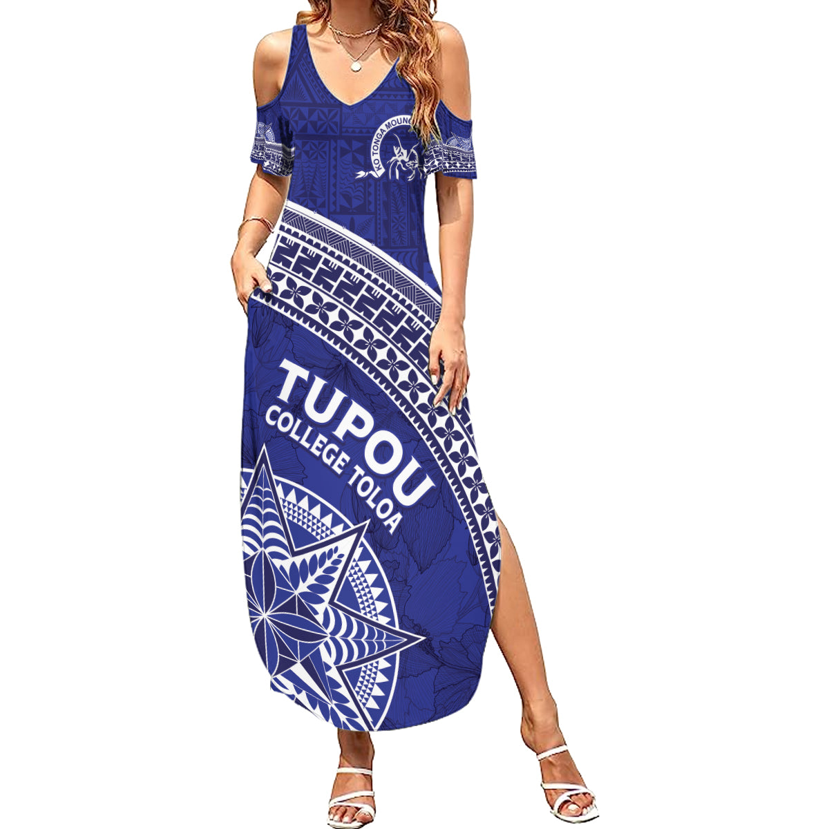 Tupou College Toloa Family Matching Summer Maxi Dress and Hawaiian Shirt Ngatu Tapa Mix Style LT7 Mom's Dress Blue - Polynesian Pride