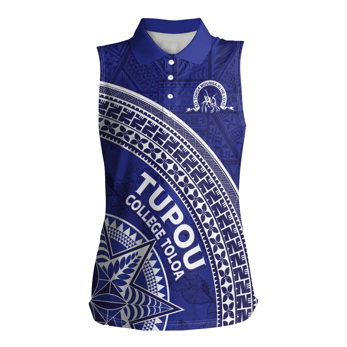 Tupou College Toloa Women Sleeveless Polo Shirt Ngatu Tapa Mix Style LT7 Female Blue - Polynesian Pride