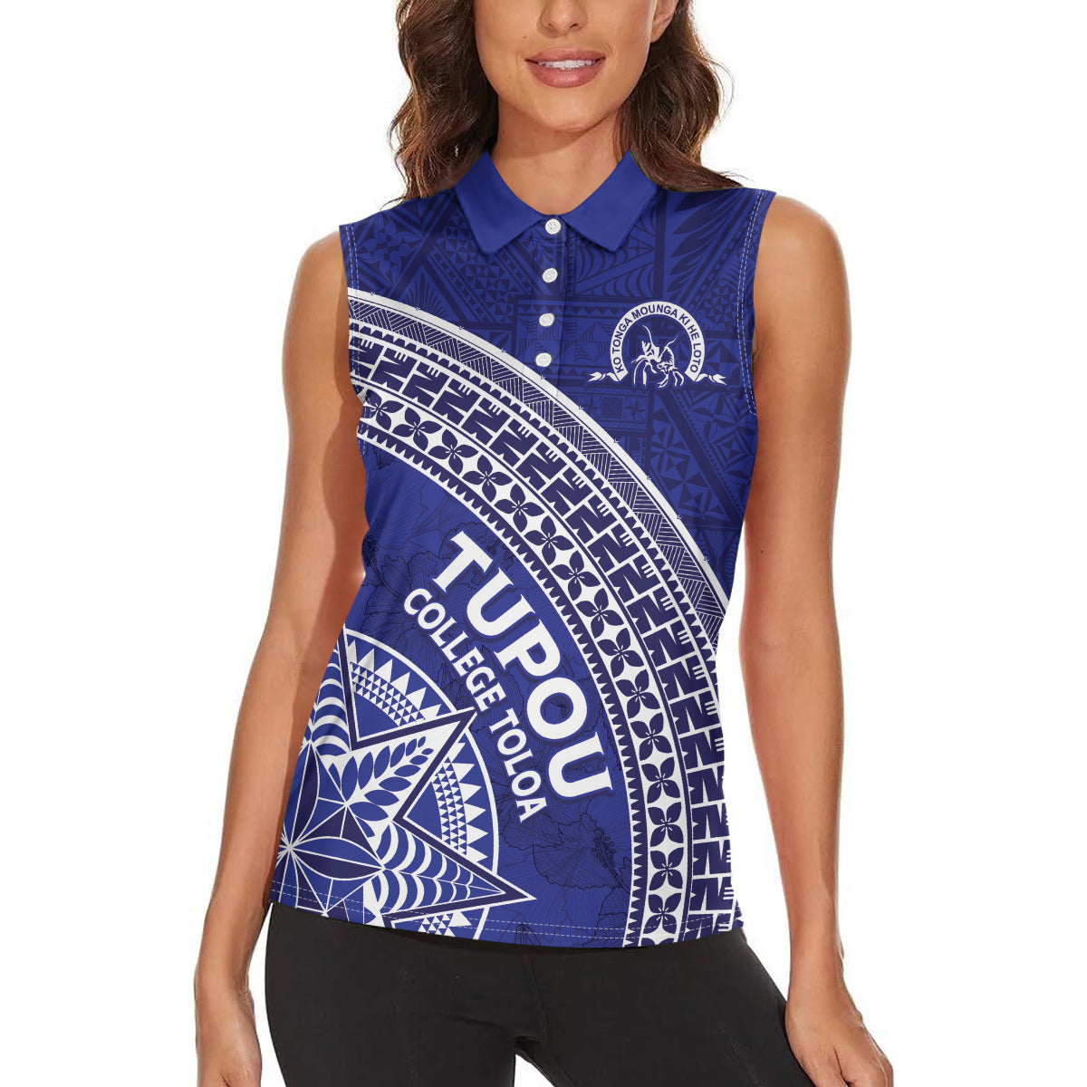 Tupou College Toloa Women Sleeveless Polo Shirt Ngatu Tapa Mix Style LT7 - Polynesian Pride
