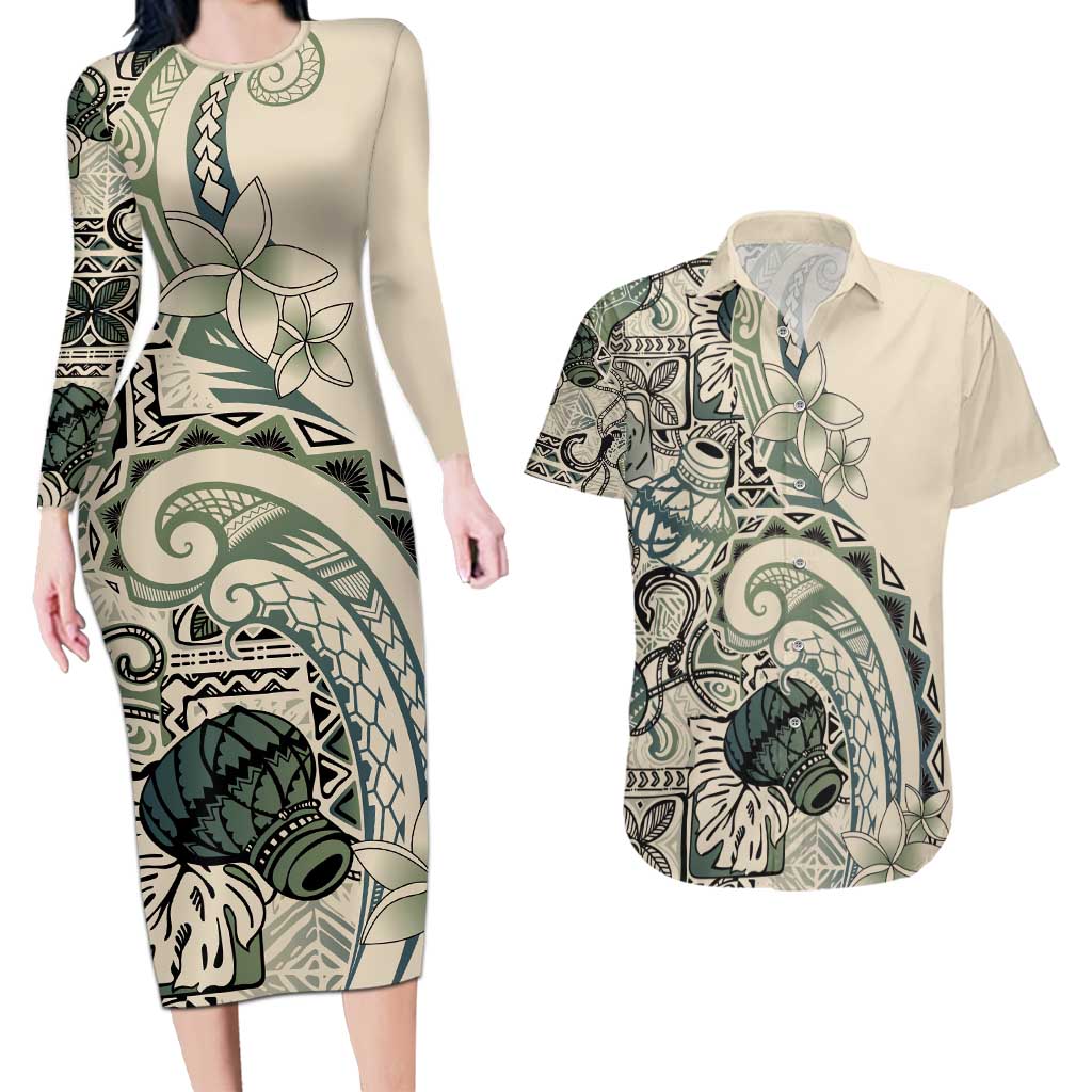 Aloha Hawaii Tapa Couples Matching Long Sleeve Bodycon Dress and Hawaiian Shirt Summer Green Hawaiian Ipu LT7 Emerald - Polynesian Pride