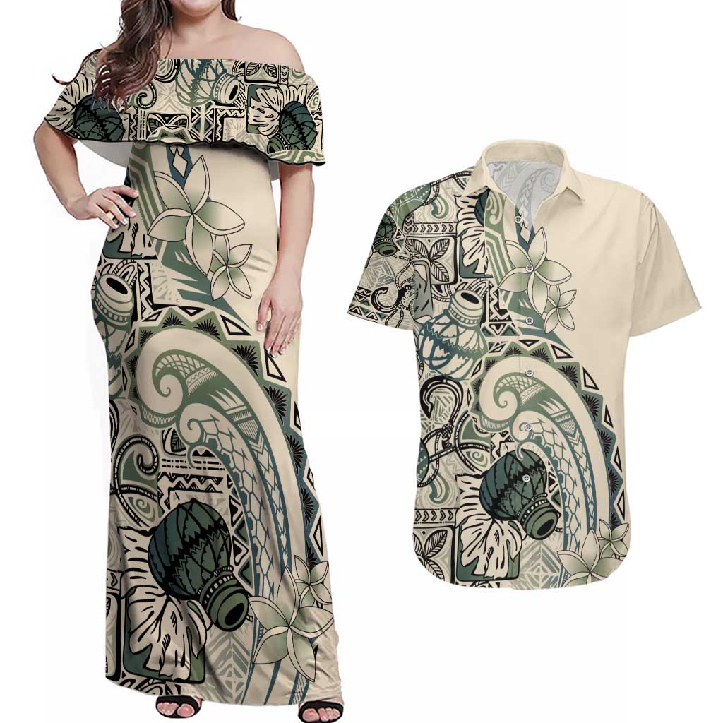 Aloha Hawaii Tapa Couples Matching Off Shoulder Maxi Dress and Hawaiian Shirt Summer Green Hawaiian Ipu LT7 Emerald - Polynesian Pride