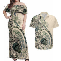 Aloha Hawaii Tapa Couples Matching Off Shoulder Maxi Dress and Hawaiian Shirt Summer Green Hawaiian Ipu LT7 Emerald - Polynesian Pride