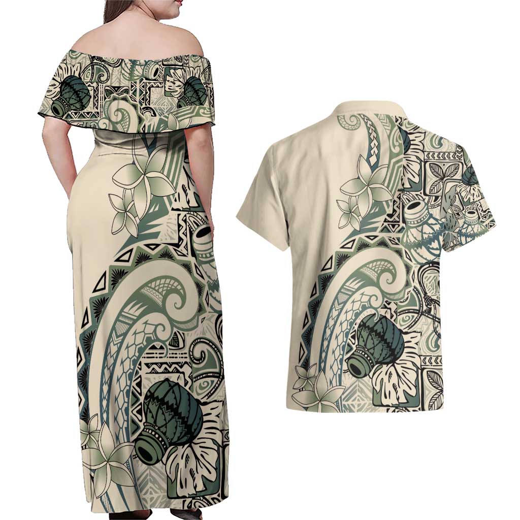 Aloha Hawaii Tapa Couples Matching Off Shoulder Maxi Dress and Hawaiian Shirt Summer Green Hawaiian Ipu LT7 - Polynesian Pride