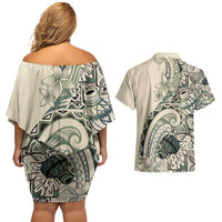Aloha Hawaii Tapa Couples Matching Off Shoulder Short Dress and Hawaiian Shirt Summer Green Hawaiian Ipu LT7 - Polynesian Pride