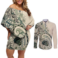 Aloha Hawaii Tapa Couples Matching Off Shoulder Short Dress and Long Sleeve Button Shirt Summer Green Hawaiian Ipu LT7 Emerald - Polynesian Pride