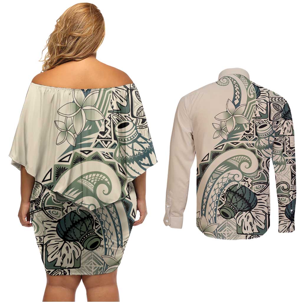 Aloha Hawaii Tapa Couples Matching Off Shoulder Short Dress and Long Sleeve Button Shirt Summer Green Hawaiian Ipu LT7 - Polynesian Pride