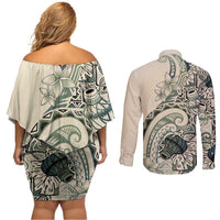 Aloha Hawaii Tapa Couples Matching Off Shoulder Short Dress and Long Sleeve Button Shirt Summer Green Hawaiian Ipu LT7 - Polynesian Pride