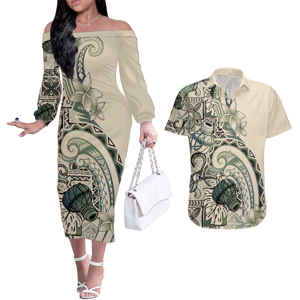 Aloha Hawaii Tapa Couples Matching Off The Shoulder Long Sleeve Dress and Hawaiian Shirt Summer Green Hawaiian Ipu LT7 Emerald - Polynesian Pride