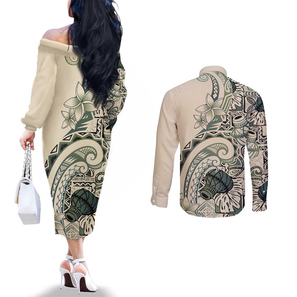 Aloha Hawaii Tapa Couples Matching Off The Shoulder Long Sleeve Dress and Long Sleeve Button Shirt Summer Green Hawaiian Ipu LT7 - Polynesian Pride