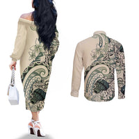 Aloha Hawaii Tapa Couples Matching Off The Shoulder Long Sleeve Dress and Long Sleeve Button Shirt Summer Green Hawaiian Ipu LT7 - Polynesian Pride