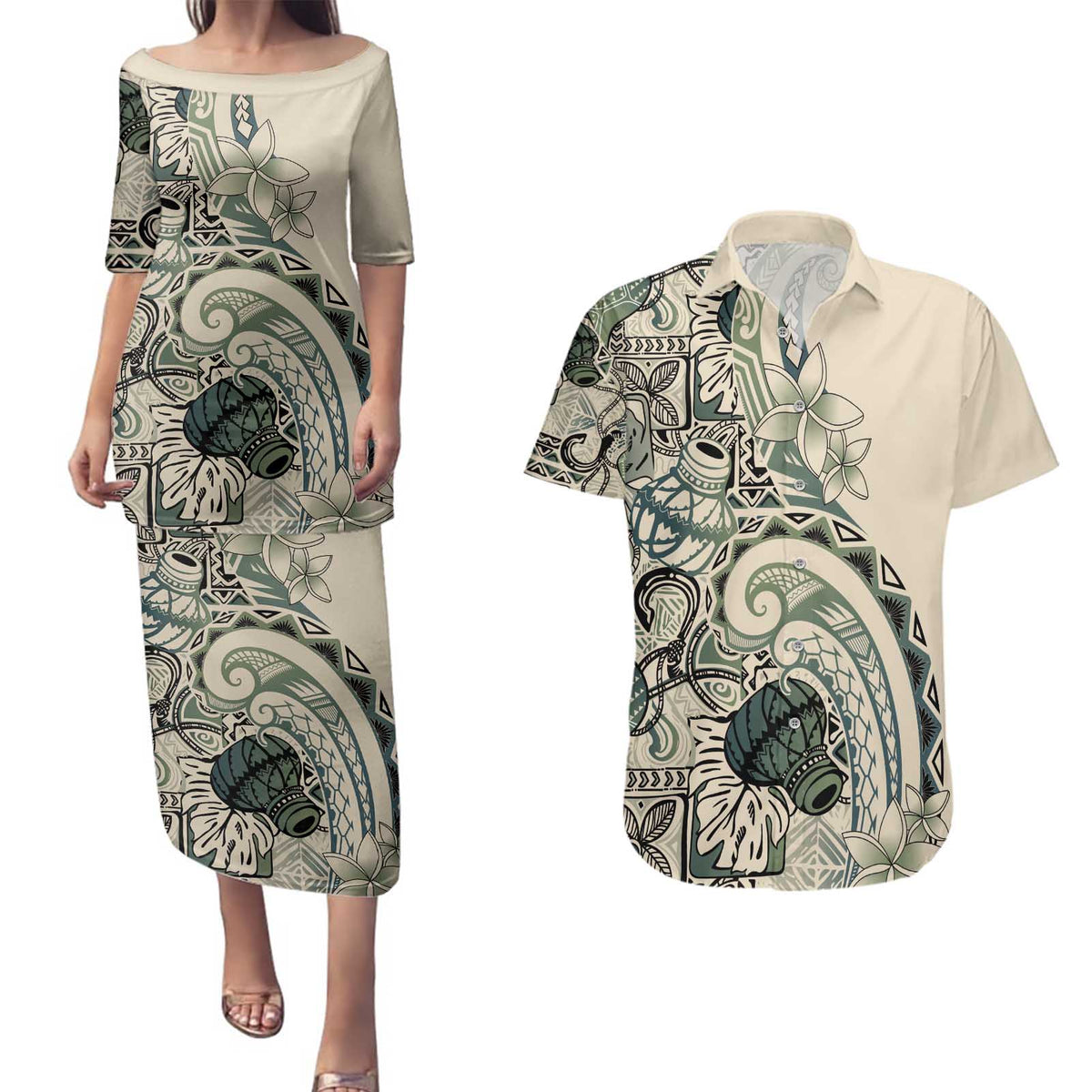 Aloha Hawaii Tapa Couples Matching Puletasi and Hawaiian Shirt Summer Green Hawaiian Ipu LT7 Emerald - Polynesian Pride