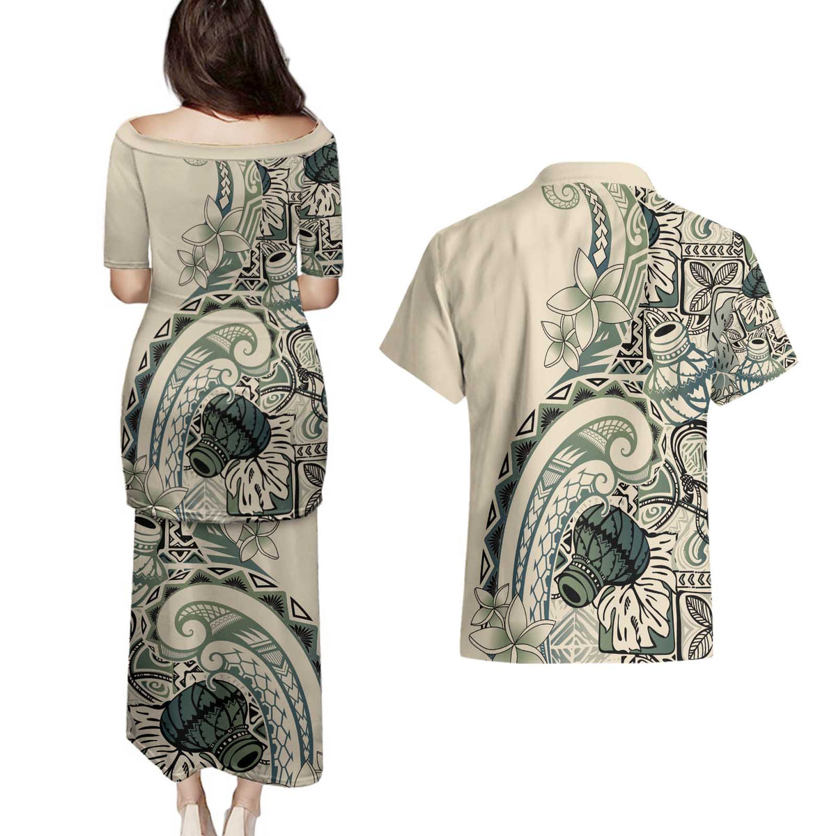 Aloha Hawaii Tapa Couples Matching Puletasi and Hawaiian Shirt Summer Green Hawaiian Ipu LT7 - Polynesian Pride
