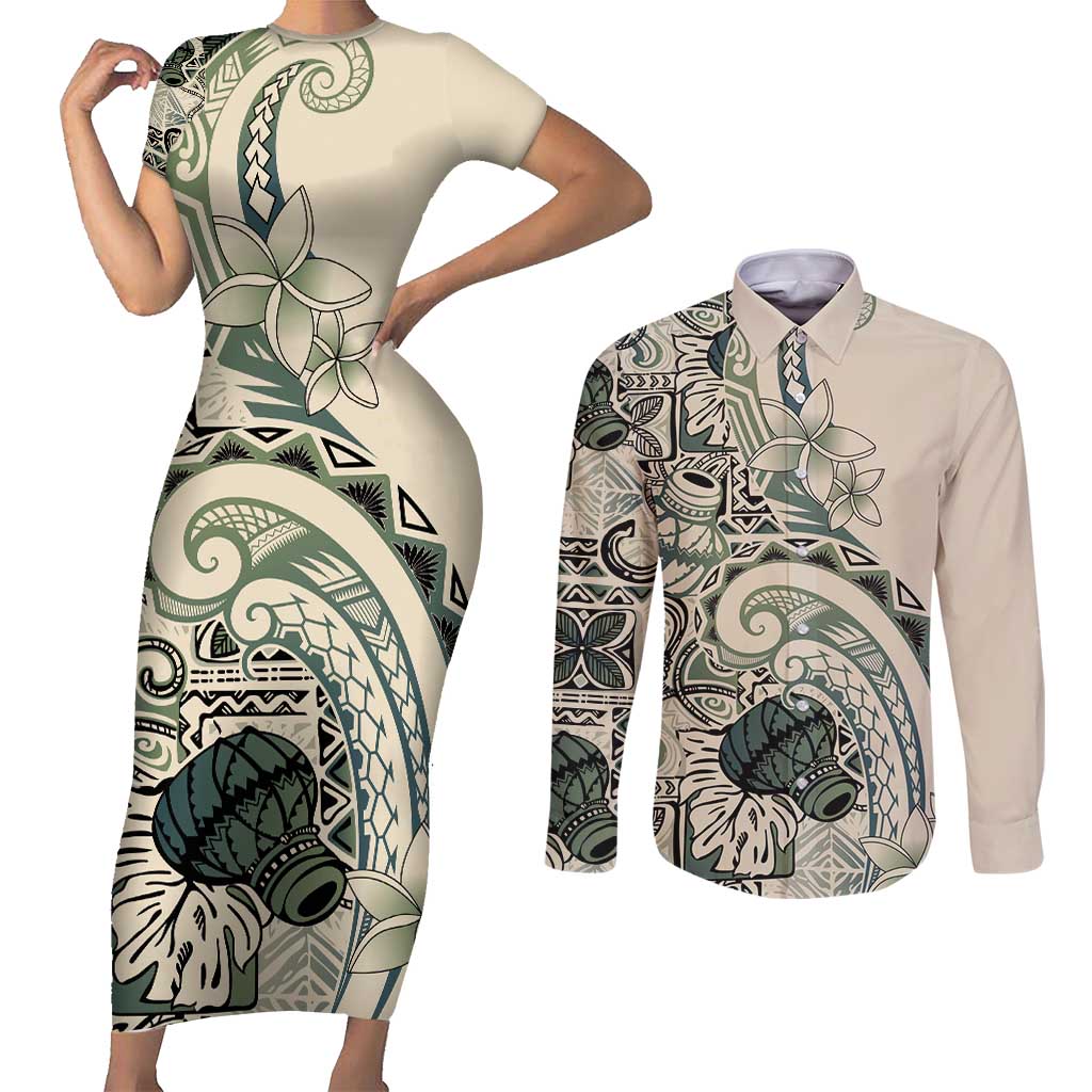 Aloha Hawaii Tapa Couples Matching Short Sleeve Bodycon Dress and Long Sleeve Button Shirt Summer Green Hawaiian Ipu LT7 Emerald - Polynesian Pride