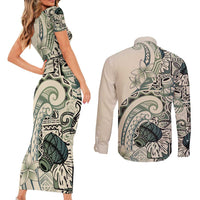 Aloha Hawaii Tapa Couples Matching Short Sleeve Bodycon Dress and Long Sleeve Button Shirt Summer Green Hawaiian Ipu LT7 - Polynesian Pride