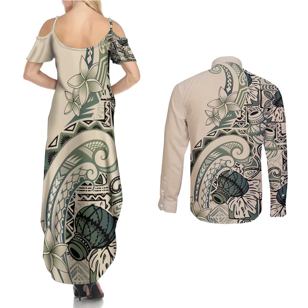 Aloha Hawaii Tapa Couples Matching Summer Maxi Dress and Long Sleeve Button Shirt Summer Green Hawaiian Ipu LT7 - Polynesian Pride