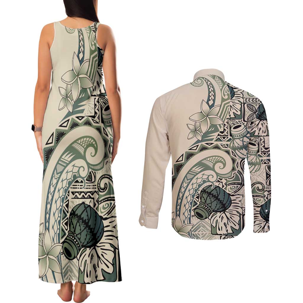 Aloha Hawaii Tapa Couples Matching Tank Maxi Dress and Long Sleeve Button Shirt Summer Green Hawaiian Ipu LT7 - Polynesian Pride