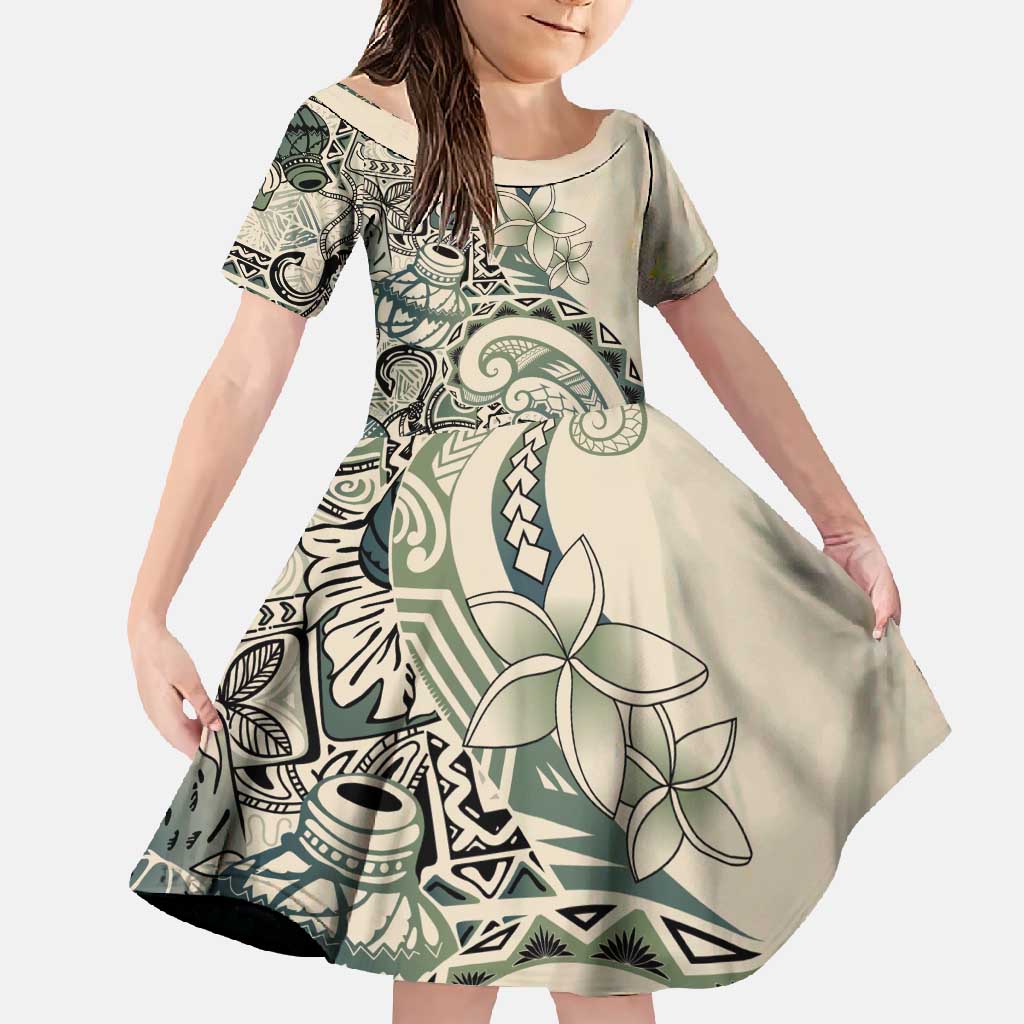 Aloha Hawaii Tapa Family Matching Long Sleeve Bodycon Dress and Hawaiian Shirt Summer Green Hawaiian Ipu LT7 Daughter's Dress Emerald - Polynesian Pride