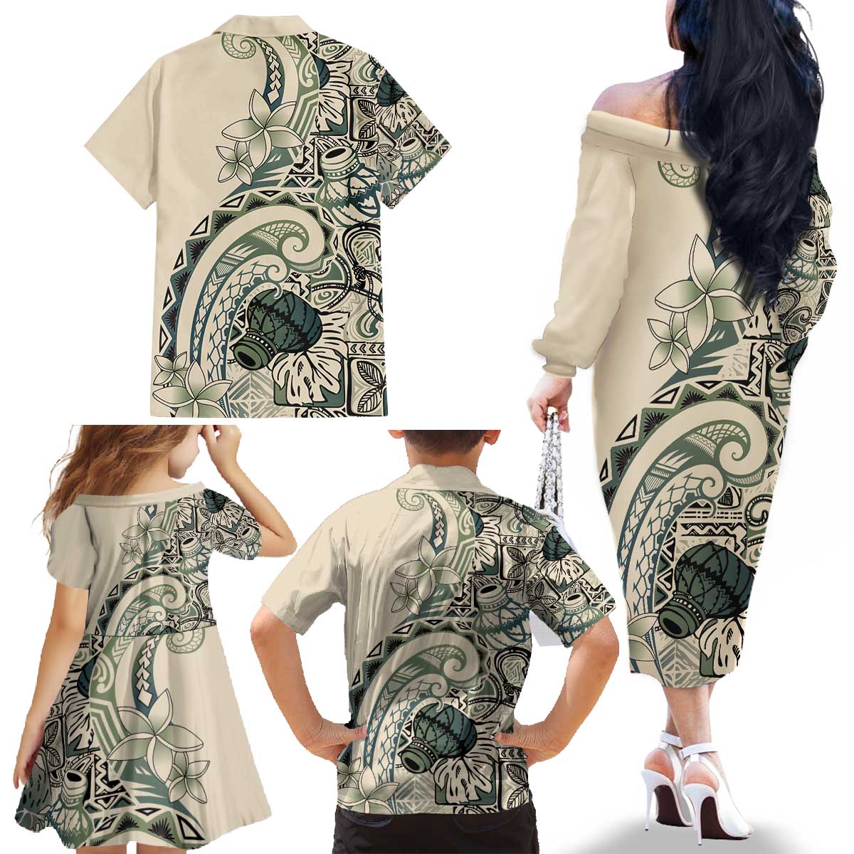 Aloha Hawaii Tapa Family Matching Off The Shoulder Long Sleeve Dress and Hawaiian Shirt Summer Green Hawaiian Ipu LT7 - Polynesian Pride