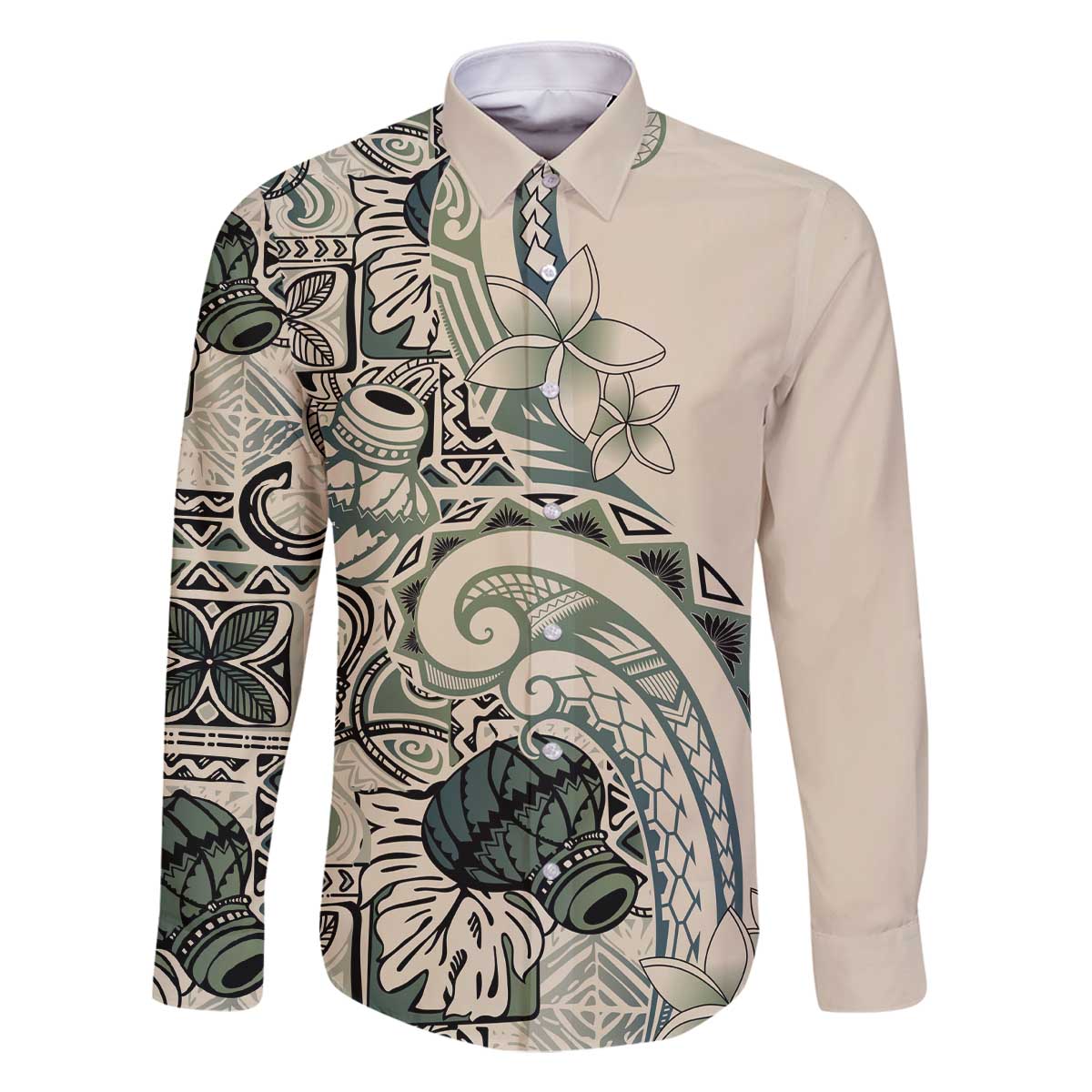 Aloha Hawaii Tapa Family Matching Off The Shoulder Long Sleeve Dress and Hawaiian Shirt Summer Green Hawaiian Ipu LT7 Dad's Shirt - Long Sleeve Emerald - Polynesian Pride