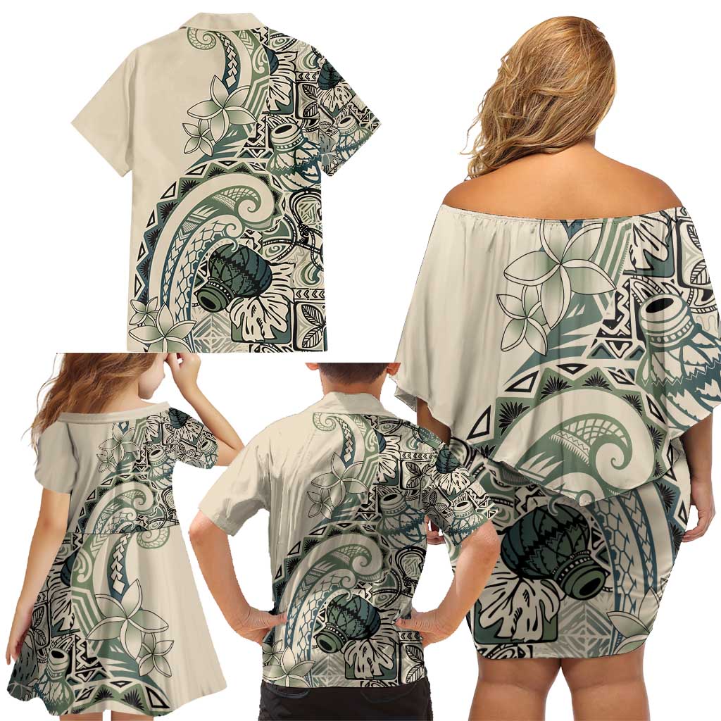 Aloha Hawaii Tapa Family Matching Off Shoulder Short Dress and Hawaiian Shirt Summer Green Hawaiian Ipu LT7 - Polynesian Pride