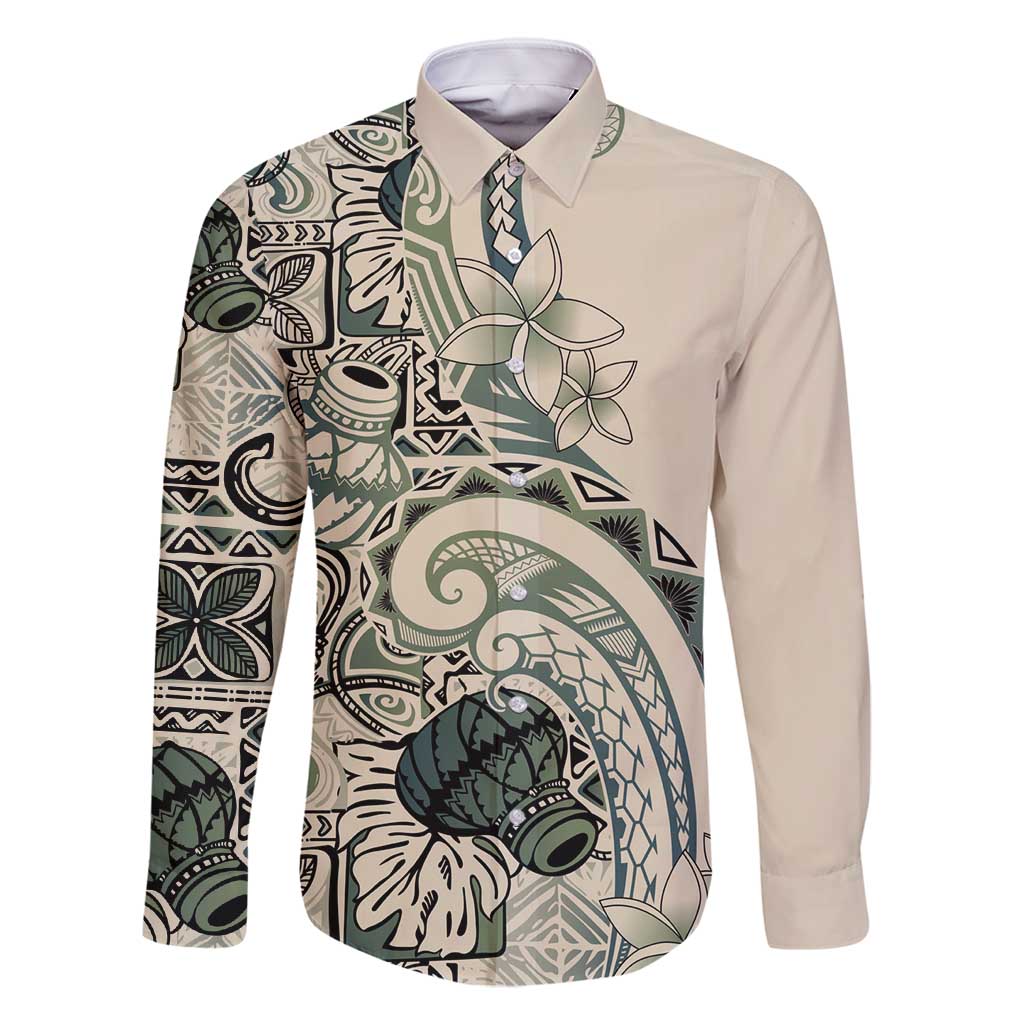 Aloha Hawaii Tapa Family Matching Off Shoulder Short Dress and Hawaiian Shirt Summer Green Hawaiian Ipu LT7 Dad's Shirt - Long Sleeve Emerald - Polynesian Pride