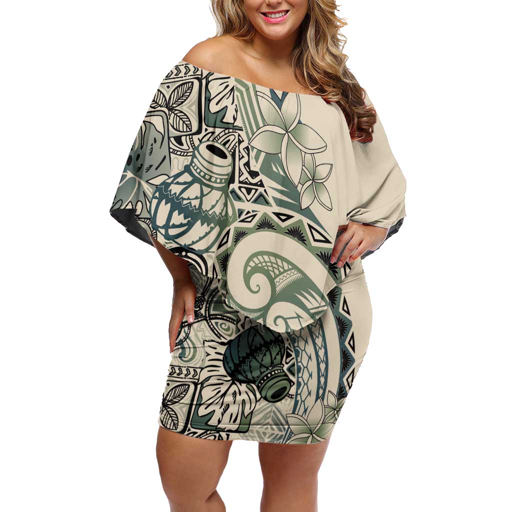 Aloha Hawaii Tapa Family Matching Off Shoulder Short Dress and Hawaiian Shirt Summer Green Hawaiian Ipu LT7 Mom's Dress Emerald - Polynesian Pride