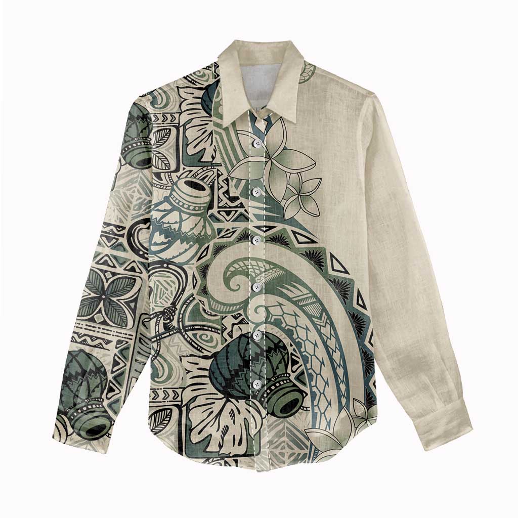 Aloha Hawaii Tapa Women Casual Shirt Summer Green Hawaiian Ipu - Polynesian Pride