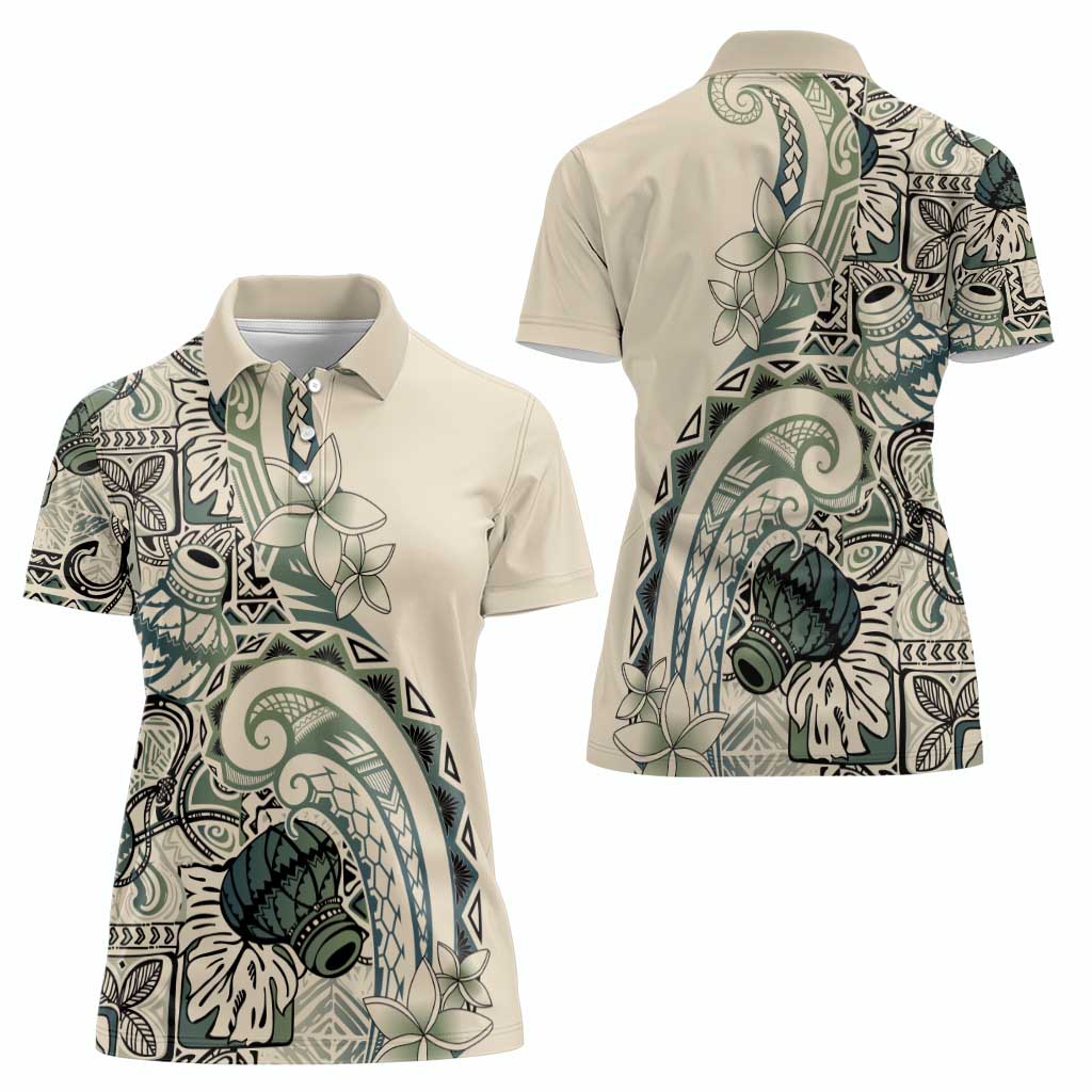 Aloha Hawaii Tapa Women Polo Shirt Summer Green Hawaiian Ipu - Polynesian Pride