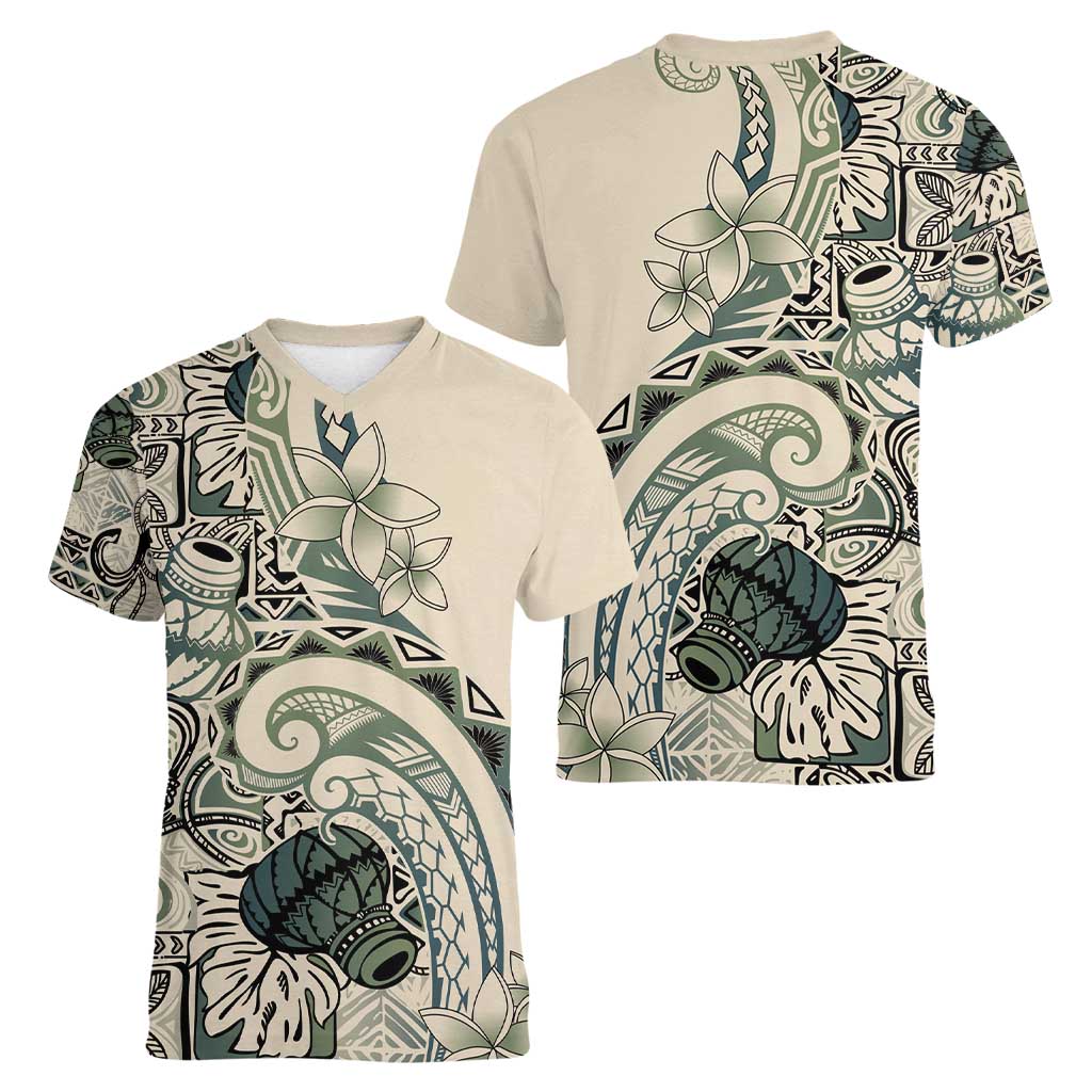 Aloha Hawaii Tapa Women V-Neck T-Shirt Summer Green Hawaiian Ipu LT7 - Polynesian Pride