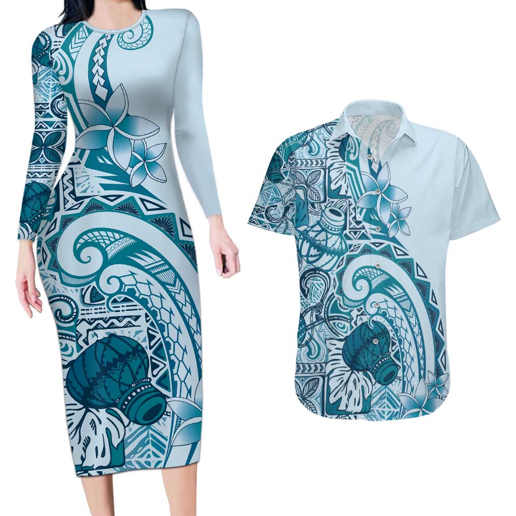 Aloha Hawaii Tapa Couples Matching Long Sleeve Bodycon Dress and Hawaiian Shirt Cool Turquoise Hawaiian Ipu LT7 Turquoise - Polynesian Pride