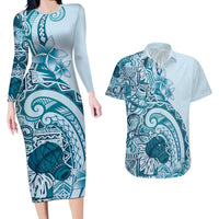 Aloha Hawaii Tapa Couples Matching Long Sleeve Bodycon Dress and Hawaiian Shirt Cool Turquoise Hawaiian Ipu LT7 Turquoise - Polynesian Pride