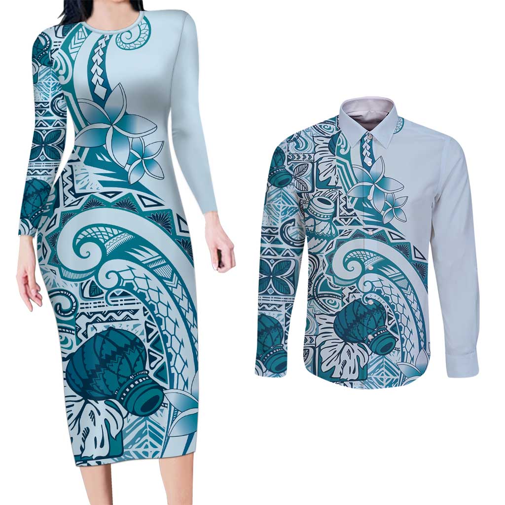 Aloha Hawaii Tapa Couples Matching Long Sleeve Bodycon Dress and Long Sleeve Button Shirt Cool Turquoise Hawaiian Ipu LT7 Turquoise - Polynesian Pride