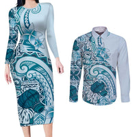 Aloha Hawaii Tapa Couples Matching Long Sleeve Bodycon Dress and Long Sleeve Button Shirt Cool Turquoise Hawaiian Ipu LT7 Turquoise - Polynesian Pride