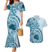 Aloha Hawaii Tapa Couples Matching Mermaid Dress and Hawaiian Shirt Cool Turquoise Hawaiian Ipu LT7 Turquoise - Polynesian Pride
