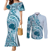 Aloha Hawaii Tapa Couples Matching Mermaid Dress and Long Sleeve Button Shirt Cool Turquoise Hawaiian Ipu LT7 Turquoise - Polynesian Pride