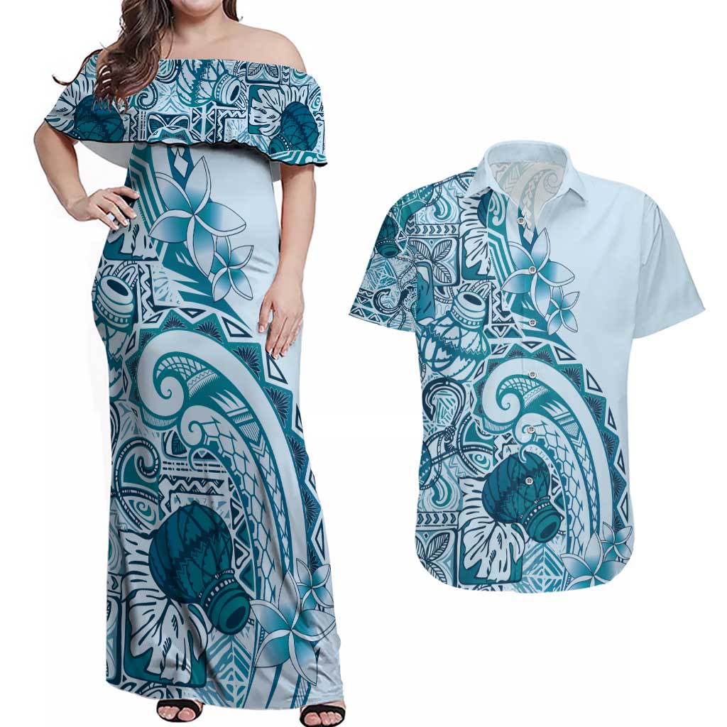 Aloha Hawaii Tapa Couples Matching Off Shoulder Maxi Dress and Hawaiian Shirt Cool Turquoise Hawaiian Ipu LT7 Turquoise - Polynesian Pride