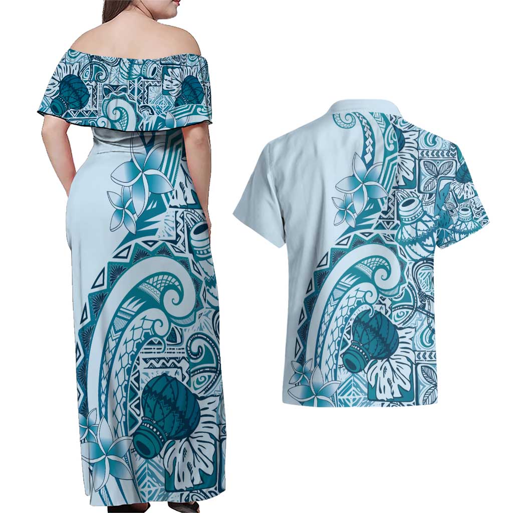 Aloha Hawaii Tapa Couples Matching Off Shoulder Maxi Dress and Hawaiian Shirt Cool Turquoise Hawaiian Ipu LT7 - Polynesian Pride