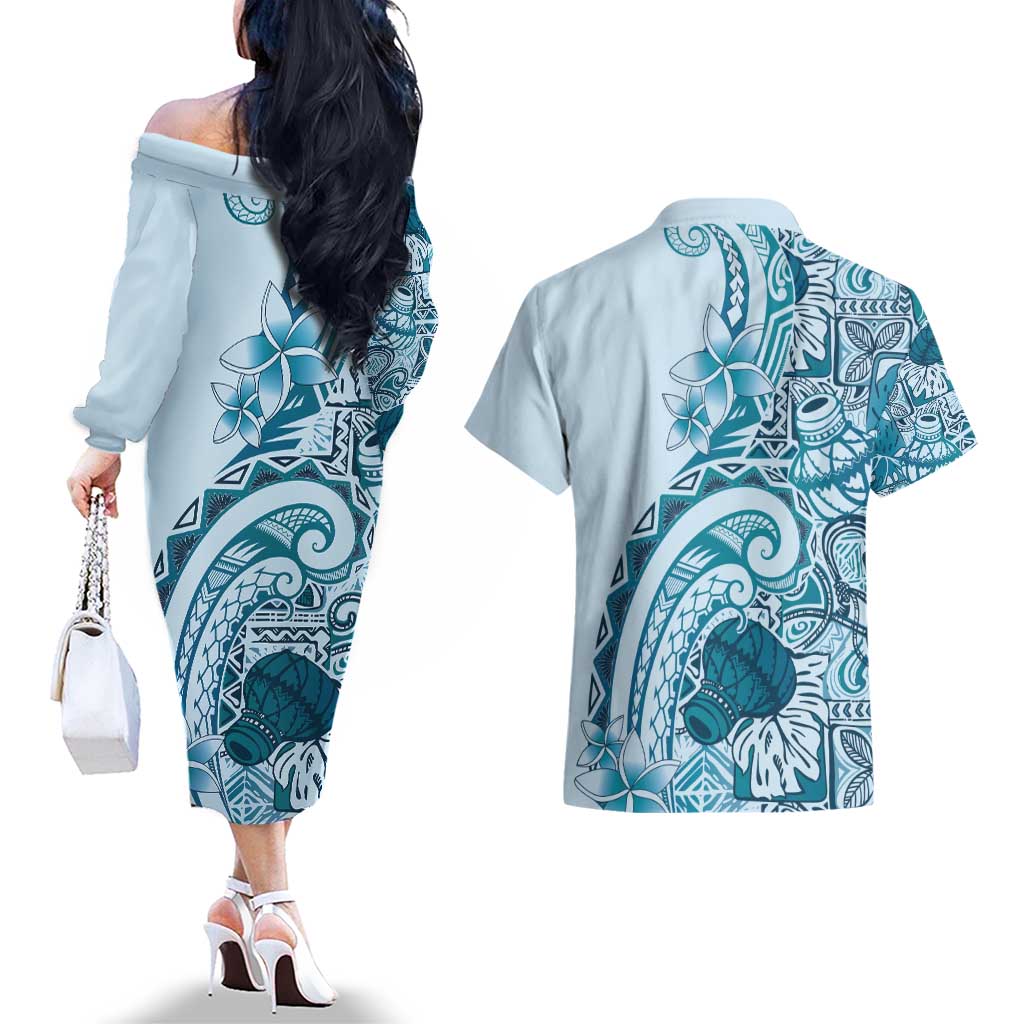 Aloha Hawaii Tapa Couples Matching Off The Shoulder Long Sleeve Dress and Hawaiian Shirt Cool Turquoise Hawaiian Ipu LT7 - Polynesian Pride