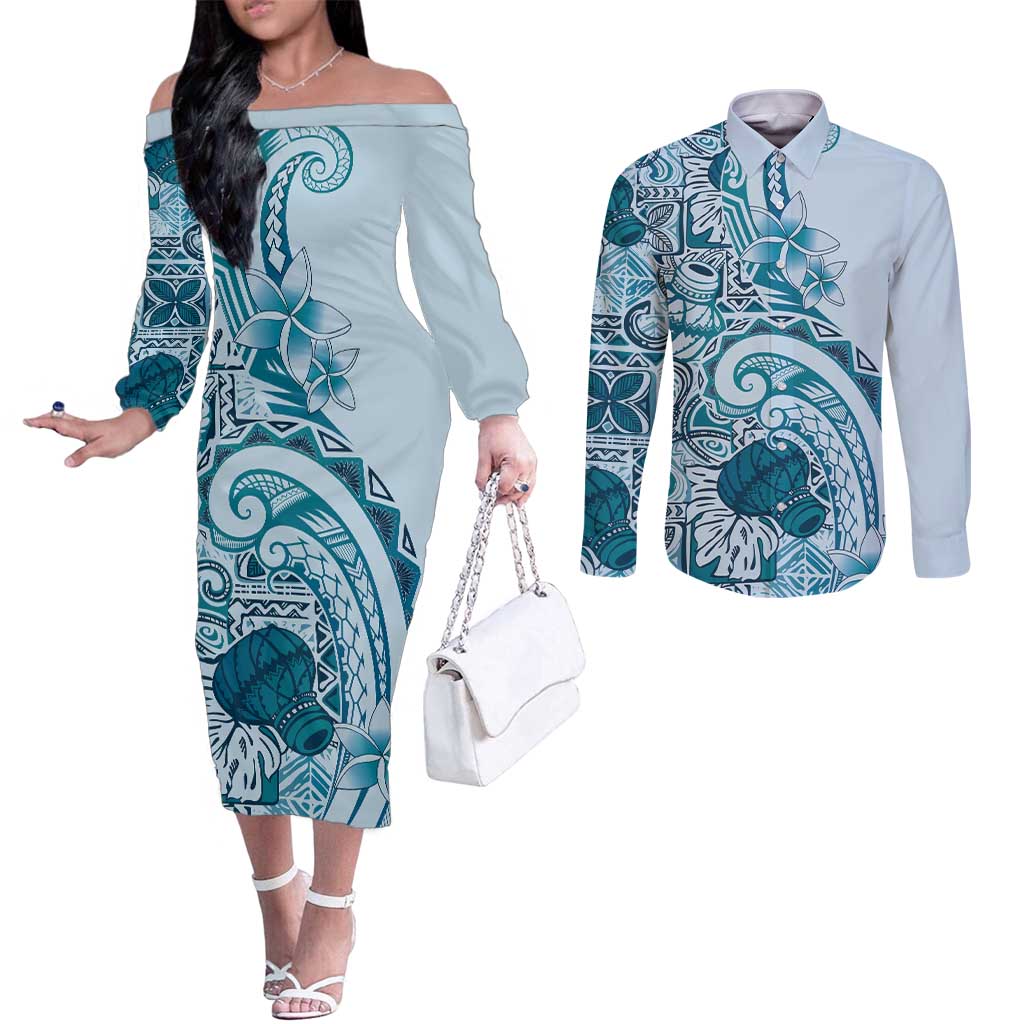 Aloha Hawaii Tapa Couples Matching Off The Shoulder Long Sleeve Dress and Long Sleeve Button Shirt Cool Turquoise Hawaiian Ipu LT7 Turquoise - Polynesian Pride