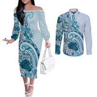 Aloha Hawaii Tapa Couples Matching Off The Shoulder Long Sleeve Dress and Long Sleeve Button Shirt Cool Turquoise Hawaiian Ipu LT7 Turquoise - Polynesian Pride